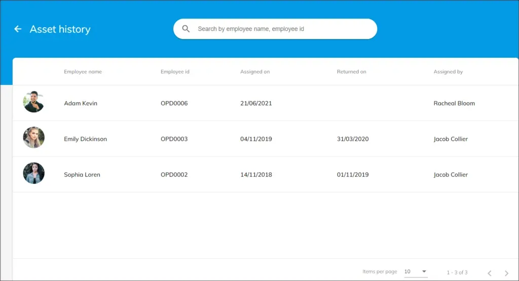 OfficePortal asset history list 2