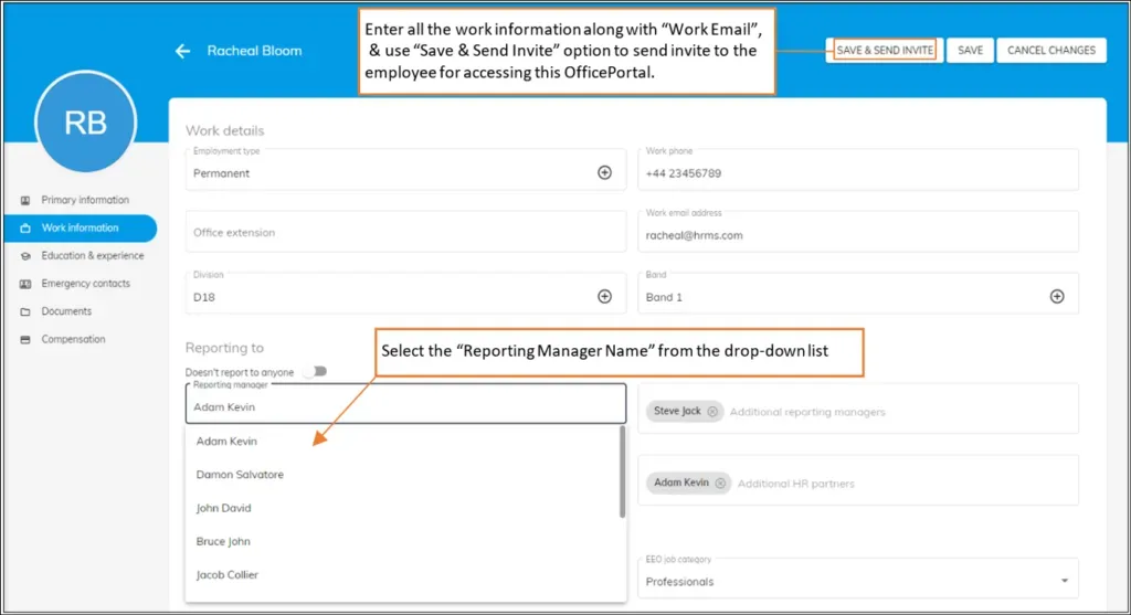 officeportal employee reporting manager selection list