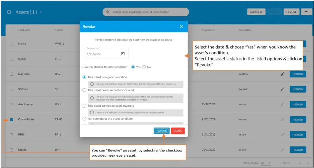 officeportal revoke assets from list