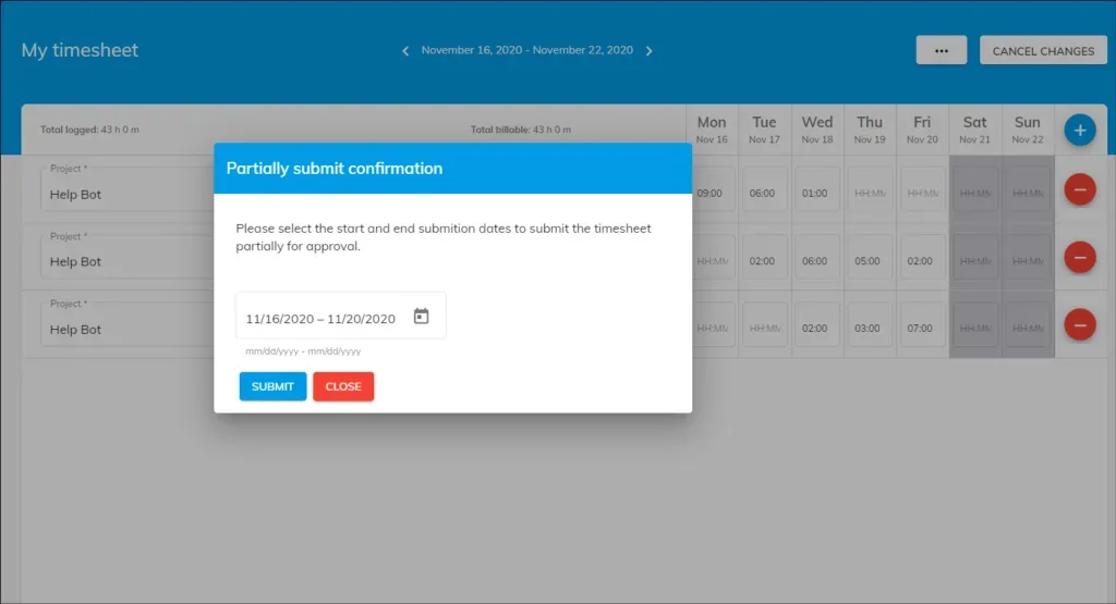 officeportal timetracker partially submit timesheet