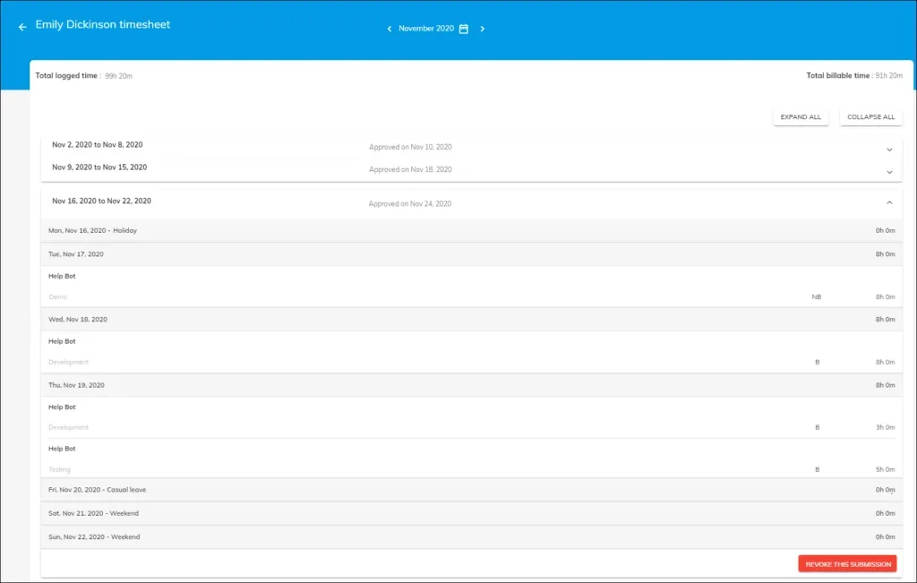 officeportal timetracker team timesheet expanded collapse view