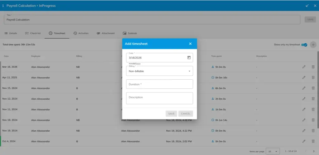 officeportal help timesheet inside task 1